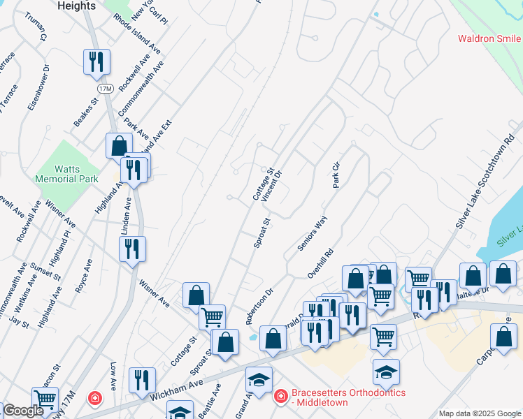 map of restaurants, bars, coffee shops, grocery stores, and more near 15 Vincent Drive in Middletown