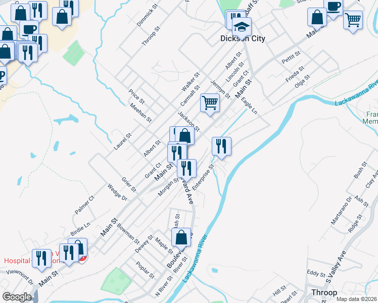 map of restaurants, bars, coffee shops, grocery stores, and more near 807 Main Street in Dickson City