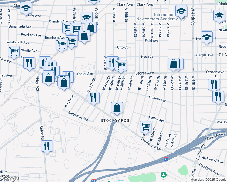 map of restaurants, bars, coffee shops, grocery stores, and more near 3466 West 59th Street in Cleveland