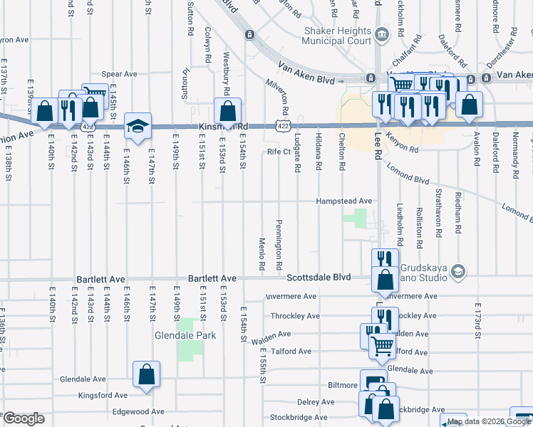 map of restaurants, bars, coffee shops, grocery stores, and more near 3662 Pennington Road in Shaker Heights