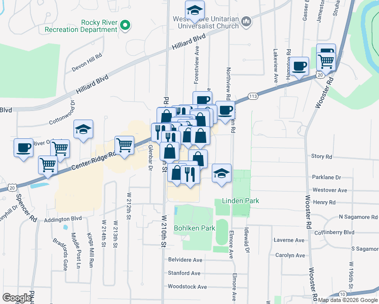 map of restaurants, bars, coffee shops, grocery stores, and more near 3210 Westgate Mall in Fairview Park