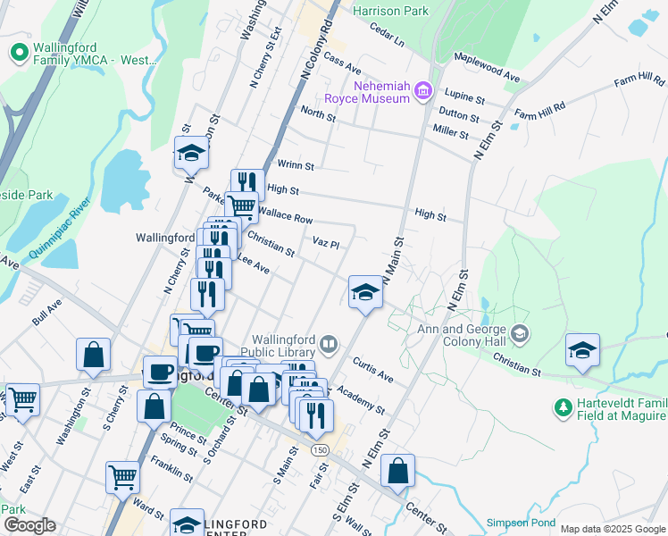 map of restaurants, bars, coffee shops, grocery stores, and more near 181 North Whittlesey Avenue in Wallingford