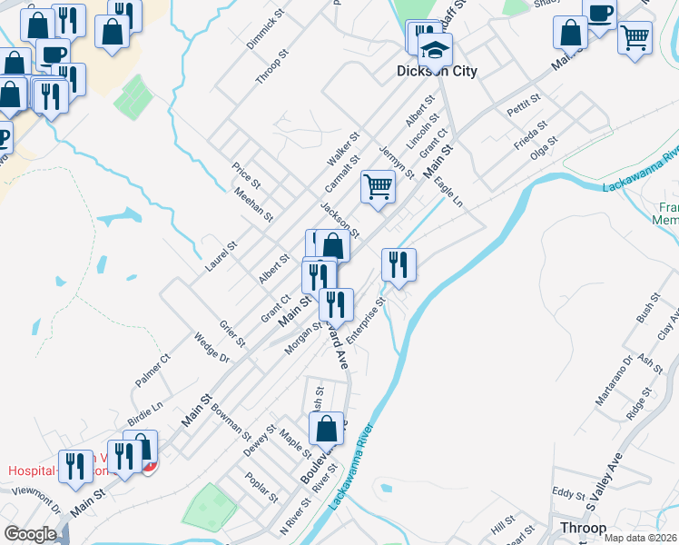 map of restaurants, bars, coffee shops, grocery stores, and more near 807 Main Street in Dickson City