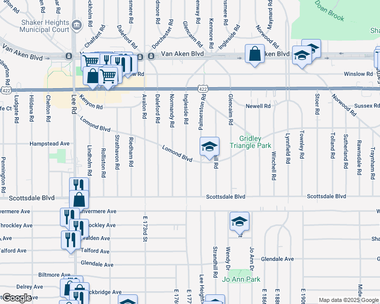 map of restaurants, bars, coffee shops, grocery stores, and more near 17723 Lomond Boulevard in Shaker Heights