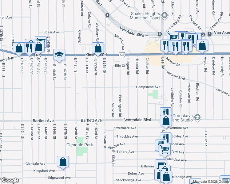 map of restaurants, bars, coffee shops, grocery stores, and more near 3662 Pennington Road in Shaker Heights