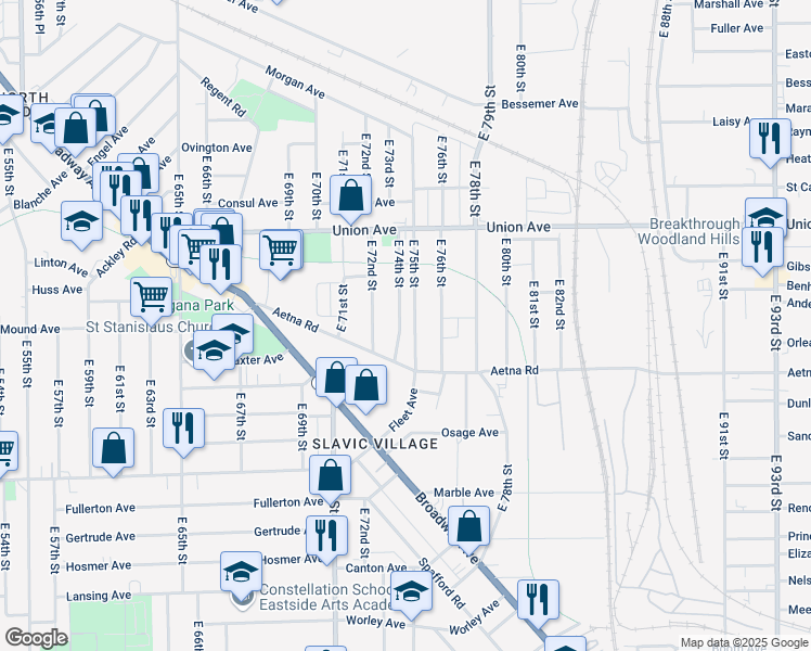 map of restaurants, bars, coffee shops, grocery stores, and more near 3616 East 75th Street in Cleveland