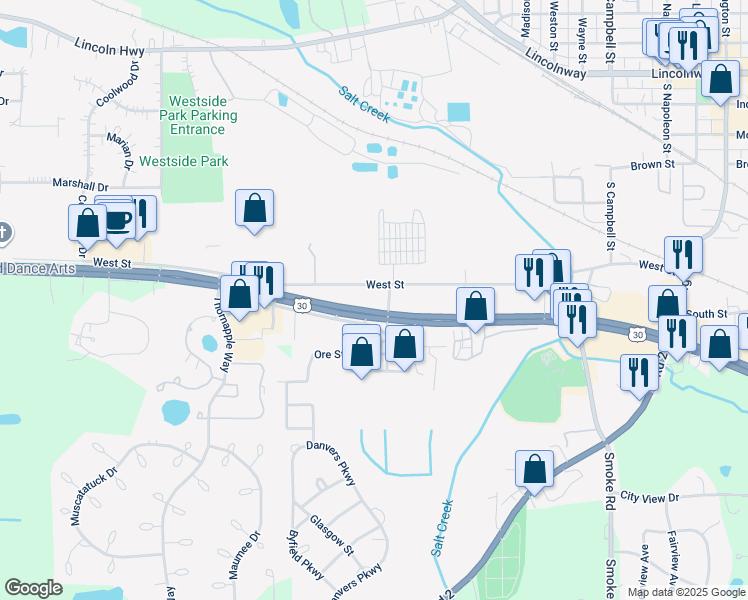 map of restaurants, bars, coffee shops, grocery stores, and more near 1217-1399 Lincoln Hwy in Valparaiso
