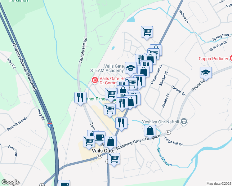 map of restaurants, bars, coffee shops, grocery stores, and more near 83 Vails Gate Heights Drive in New Windsor
