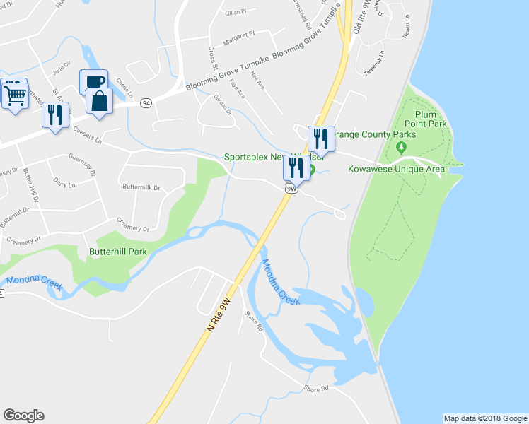 map of restaurants, bars, coffee shops, grocery stores, and more near 2899 U.S. 9W in New Windsor