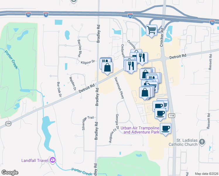 map of restaurants, bars, coffee shops, grocery stores, and more near 30733 Detroit Road in Westlake