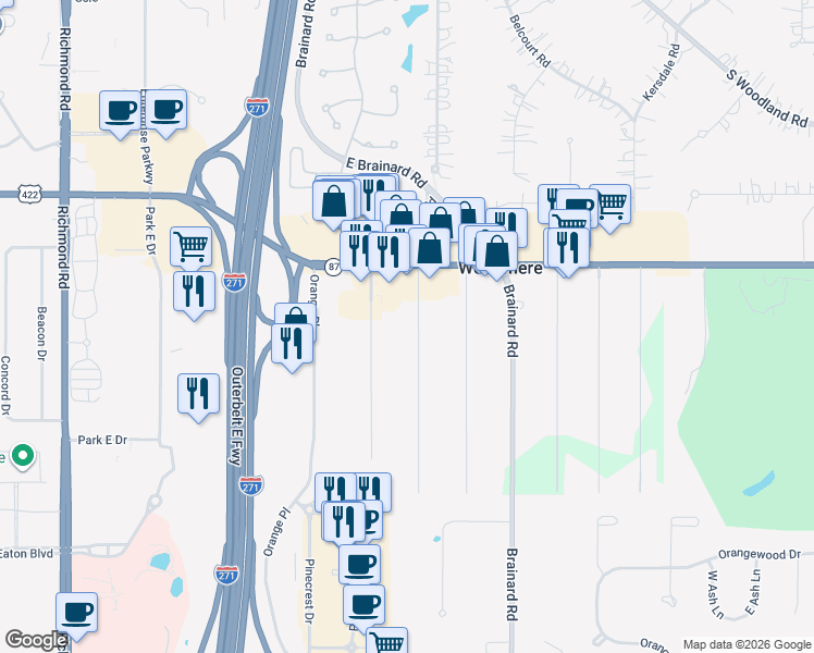 map of restaurants, bars, coffee shops, grocery stores, and more near 3684 Maplecrest Road in Woodmere