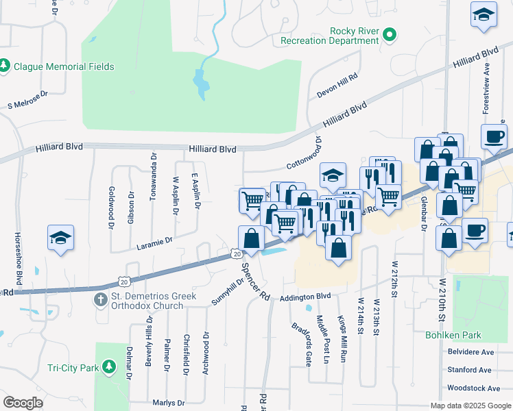 map of restaurants, bars, coffee shops, grocery stores, and more near 22091 River Oaks Drive in Rocky River