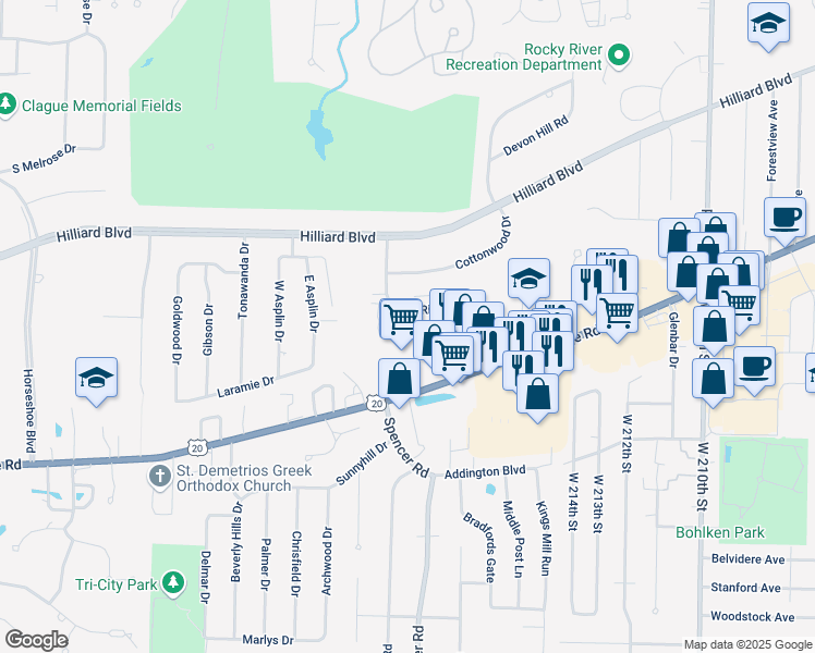 map of restaurants, bars, coffee shops, grocery stores, and more near 22111 River Oaks Drive in Rocky River