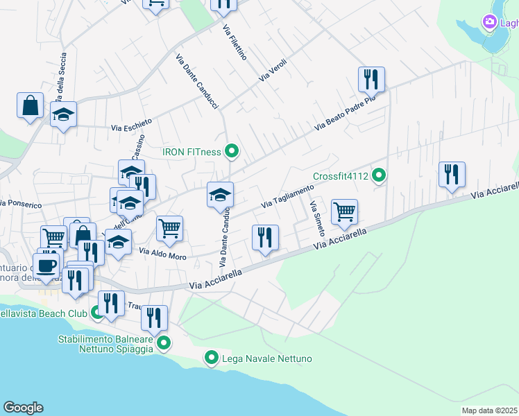 map of restaurants, bars, coffee shops, grocery stores, and more near 4B Via Sacco in Nettuno