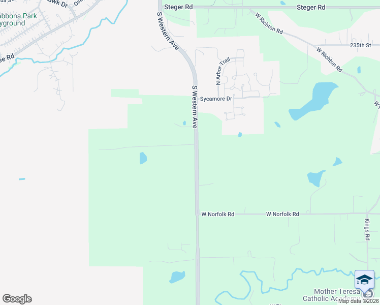 map of restaurants, bars, coffee shops, grocery stores, and more near 23604 Western Avenue in Park Forest
