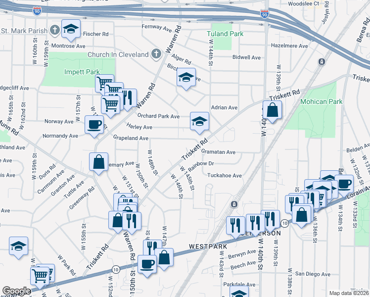 map of restaurants, bars, coffee shops, grocery stores, and more near 14475 Triskett Road in Cleveland