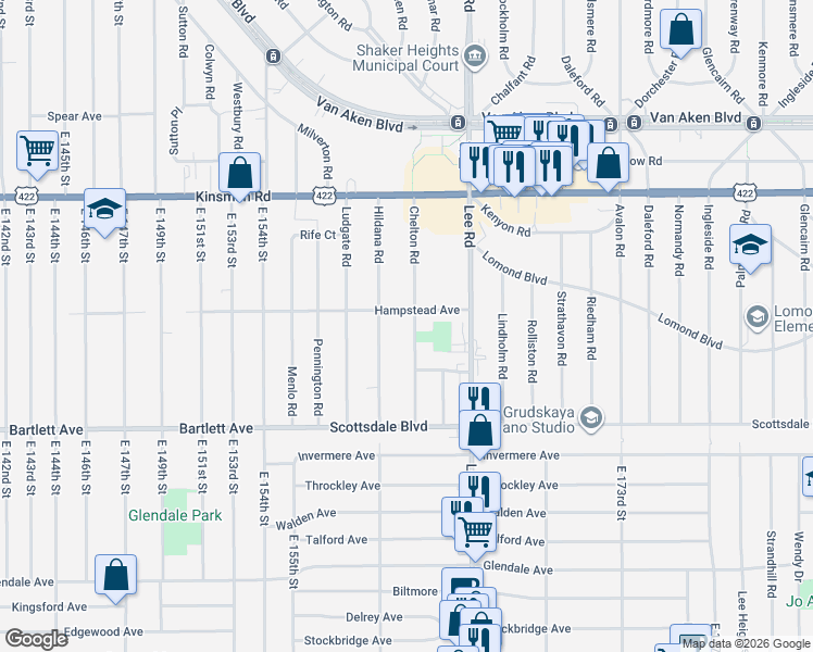 map of restaurants, bars, coffee shops, grocery stores, and more near 3659 Chelton Road in Shaker Heights