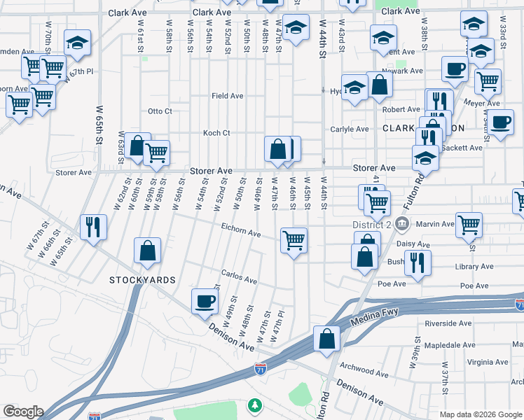 map of restaurants, bars, coffee shops, grocery stores, and more near 3465 West 49th Street in Cleveland