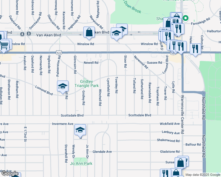 map of restaurants, bars, coffee shops, grocery stores, and more near 3658 Townley Road in Shaker Heights