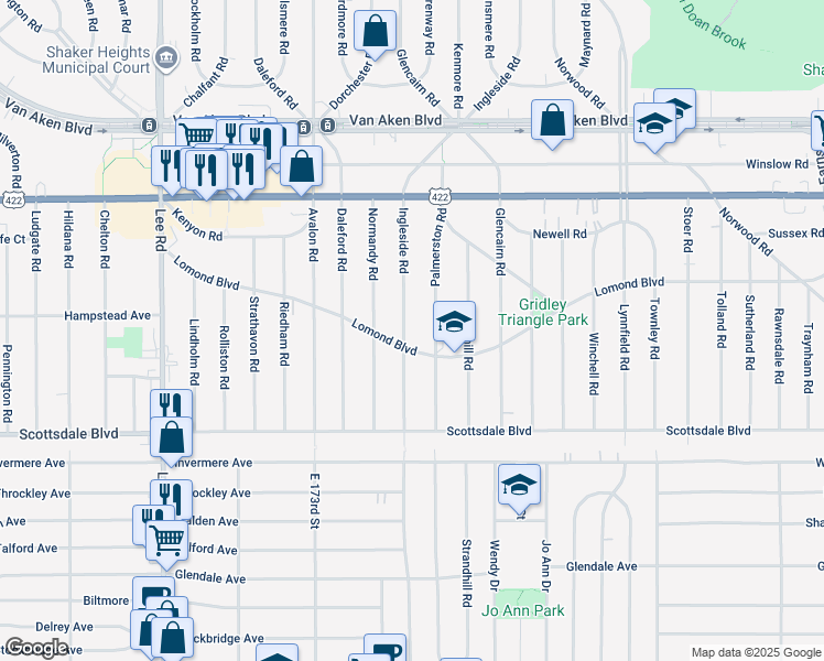 map of restaurants, bars, coffee shops, grocery stores, and more near 17723 Lomond Boulevard in Shaker Heights