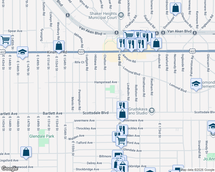 map of restaurants, bars, coffee shops, grocery stores, and more near 3659 Chelton Road in Shaker Heights