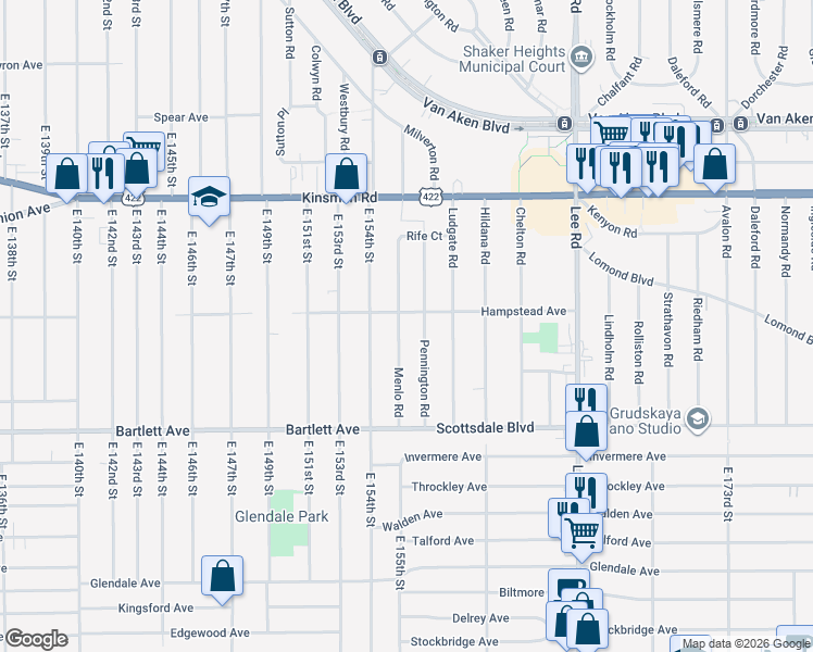 map of restaurants, bars, coffee shops, grocery stores, and more near 3662 Pennington Road in Shaker Heights
