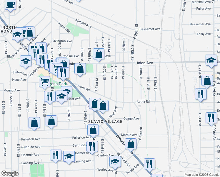 map of restaurants, bars, coffee shops, grocery stores, and more near 3616 East 75th Street in Cleveland