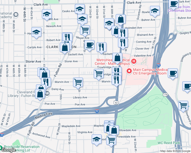 map of restaurants, bars, coffee shops, grocery stores, and more near 3246 Marvin Avenue in Cleveland