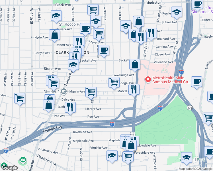 map of restaurants, bars, coffee shops, grocery stores, and more near 3246 Marvin Avenue in Cleveland