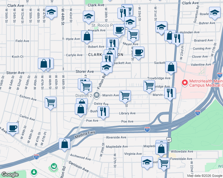 map of restaurants, bars, coffee shops, grocery stores, and more near 3716 Marvin Avenue in Cleveland