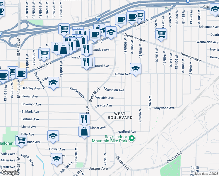 map of restaurants, bars, coffee shops, grocery stores, and more near 10229 Champion Avenue in Cleveland