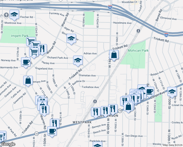 map of restaurants, bars, coffee shops, grocery stores, and more near 14223 Gramatan Avenue in Cleveland