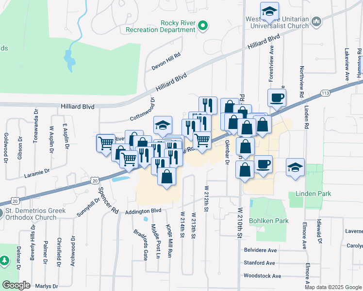 map of restaurants, bars, coffee shops, grocery stores, and more near 21581 Center Ridge Road in Rocky River