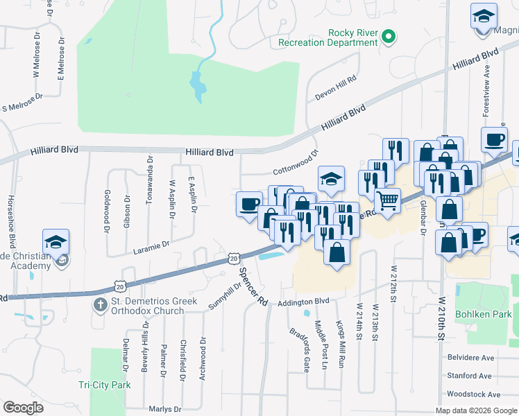 map of restaurants, bars, coffee shops, grocery stores, and more near 21980 Center Ridge Road in Rocky River