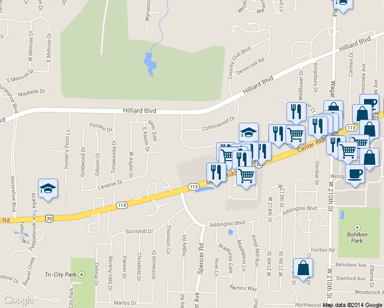 map of restaurants, bars, coffee shops, grocery stores, and more near 21980 Center Ridge Road in Rocky River