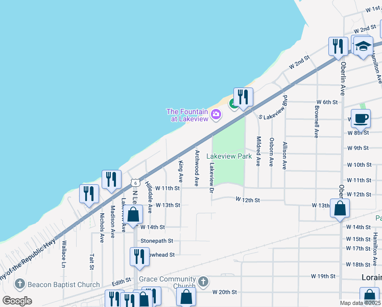 map of restaurants, bars, coffee shops, grocery stores, and more near 959 Archwood Avenue in Lorain