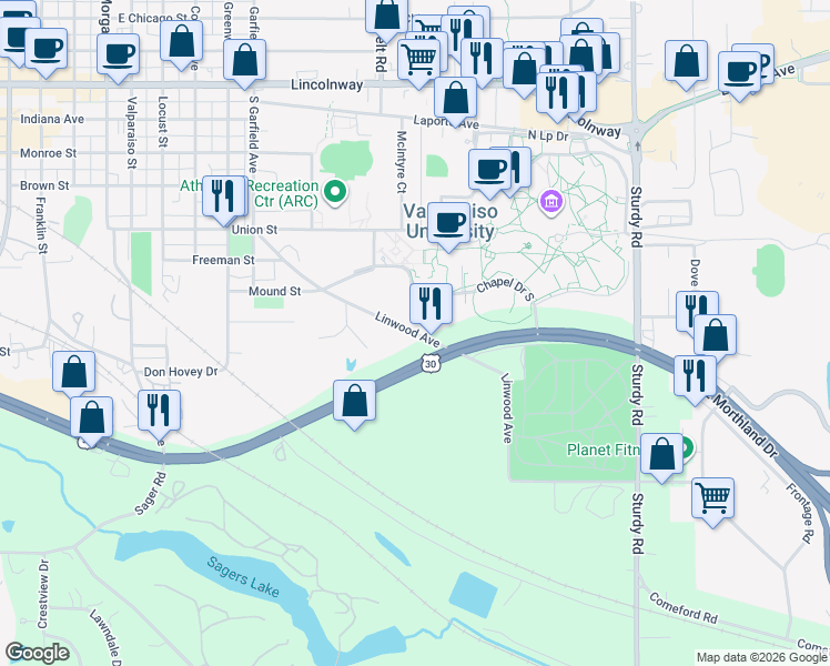 map of restaurants, bars, coffee shops, grocery stores, and more near 1449-1501 E Morthland Dr in Valparaiso