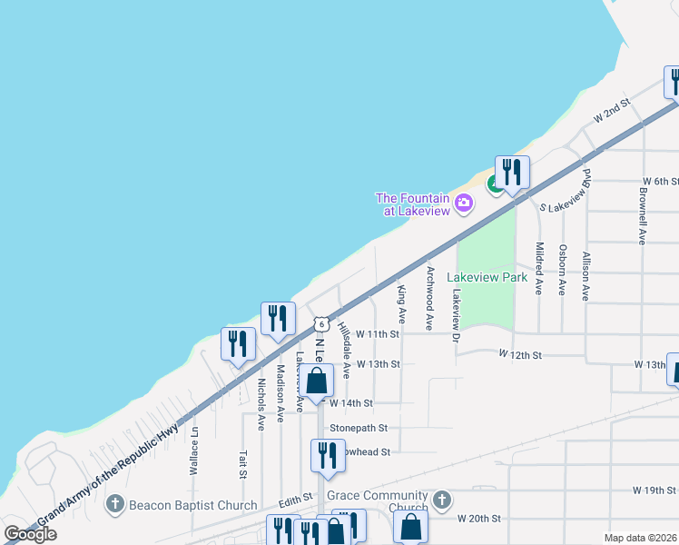 map of restaurants, bars, coffee shops, grocery stores, and more near 122 Chalmers Court in Lorain