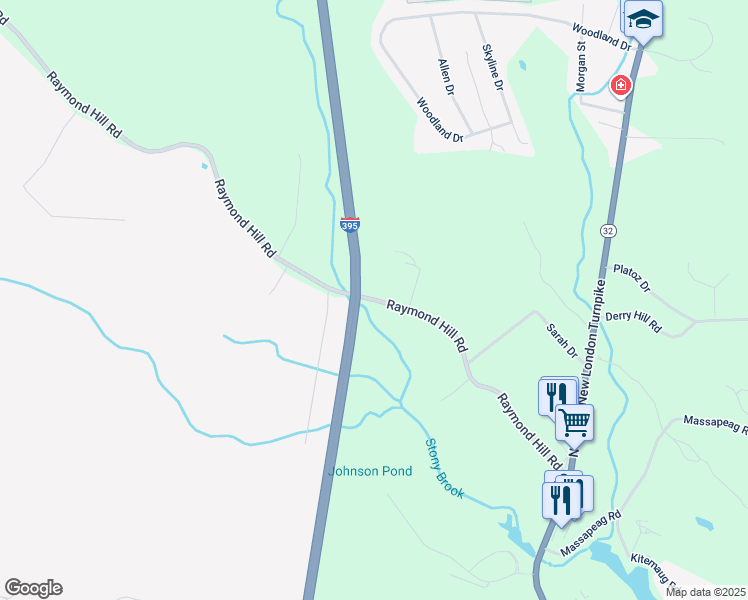 map of restaurants, bars, coffee shops, grocery stores, and more near Raymond Hill Road in Montville