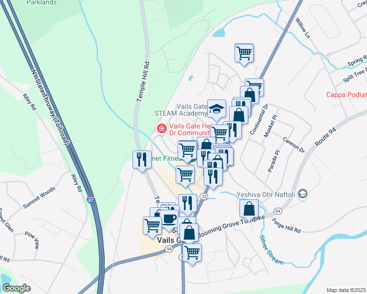 map of restaurants, bars, coffee shops, grocery stores, and more near 93 Vails Gate Heights Drive in New Windsor