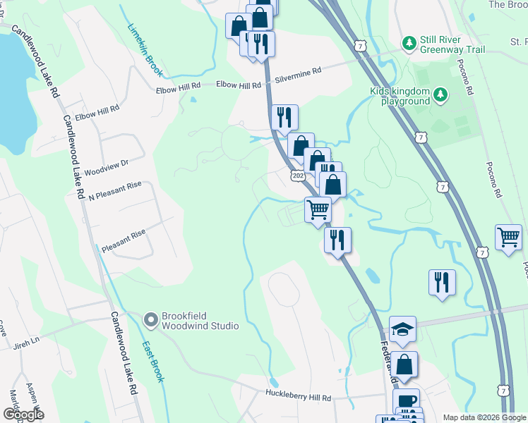 map of restaurants, bars, coffee shops, grocery stores, and more near 35 Greenknoll Drive in Brookfield
