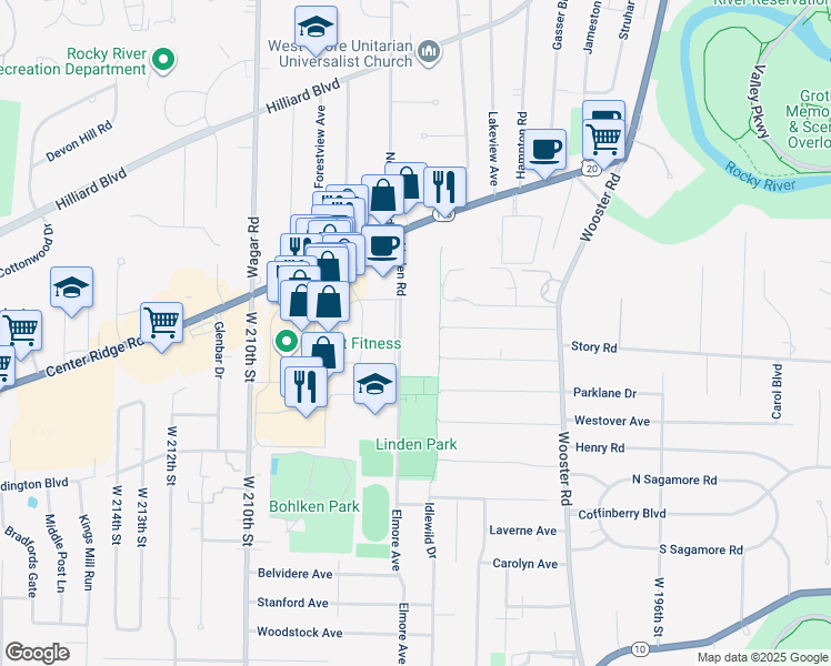 map of restaurants, bars, coffee shops, grocery stores, and more near 3303 Linden Road in Cleveland