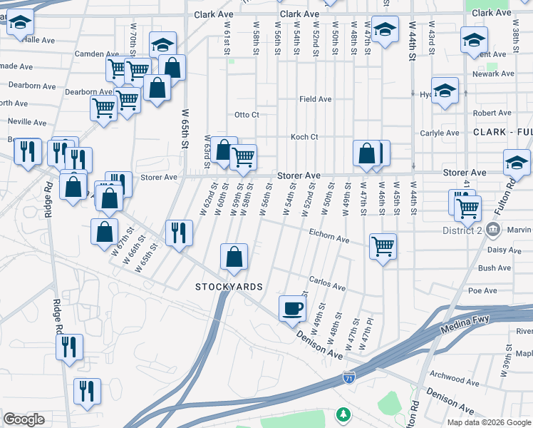 map of restaurants, bars, coffee shops, grocery stores, and more near 3466 West 56th Street in Cleveland