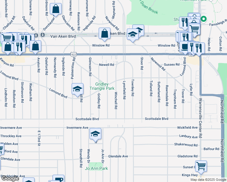 map of restaurants, bars, coffee shops, grocery stores, and more near 3661 Latimore Road in Shaker Heights