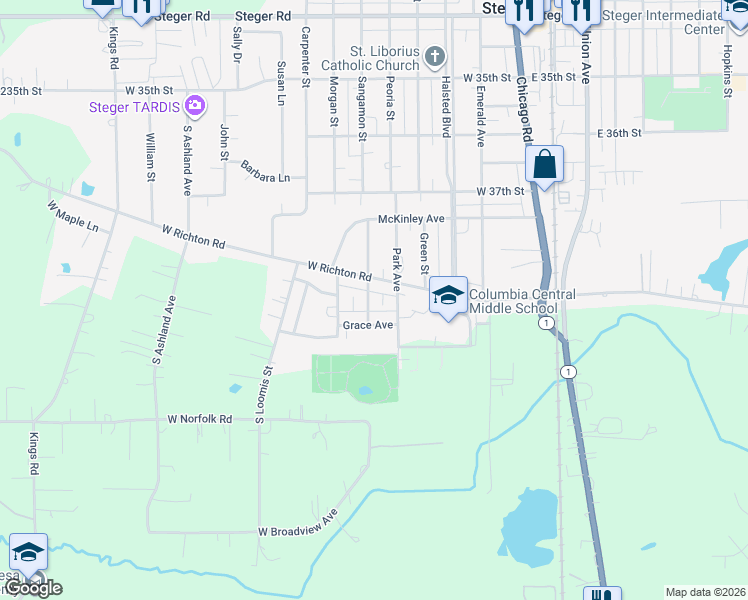 map of restaurants, bars, coffee shops, grocery stores, and more near 3819 Sangamon Street in Steger