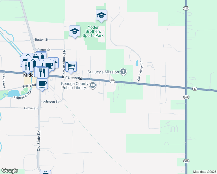 map of restaurants, bars, coffee shops, grocery stores, and more near 16223 Kinsman Road in Middlefield