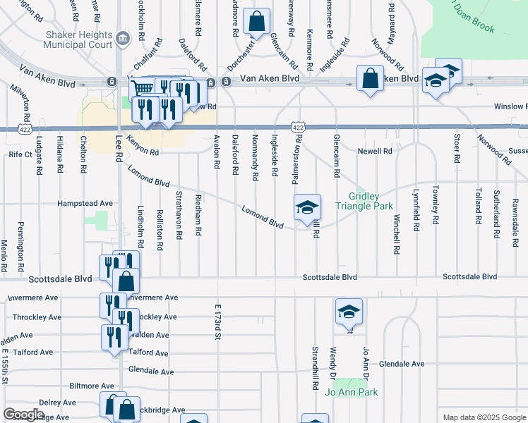 map of restaurants, bars, coffee shops, grocery stores, and more near 17617 Lomond Boulevard in Shaker Heights