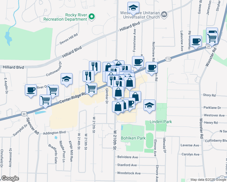 map of restaurants, bars, coffee shops, grocery stores, and more near 3200 West 210th Street in Fairview Park