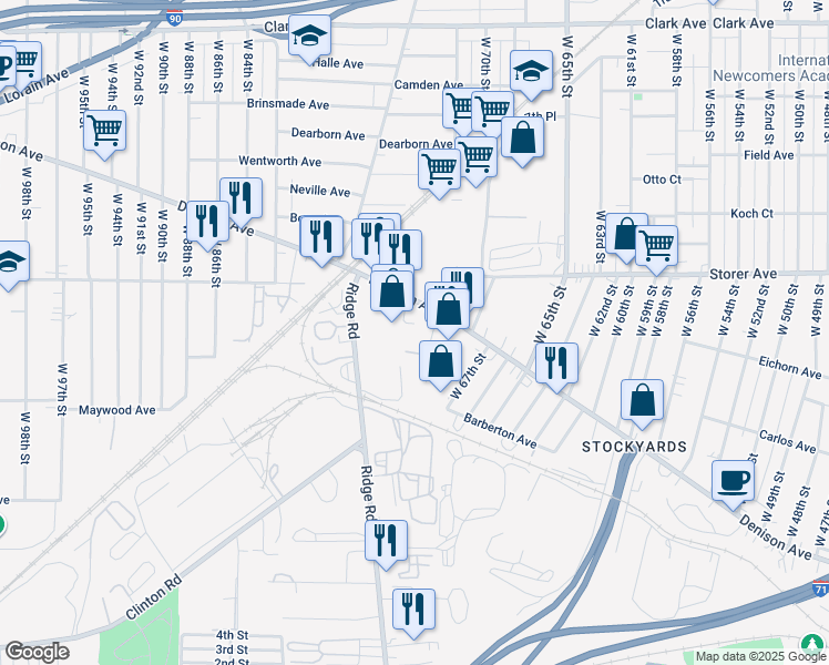 map of restaurants, bars, coffee shops, grocery stores, and more near 3562 West 69th Street in Cleveland