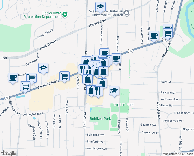 map of restaurants, bars, coffee shops, grocery stores, and more near 3210 Westgate Mall in Fairview Park